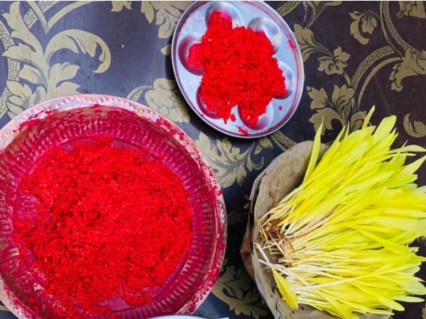 Dashain tika and jamara arranged for blessings, symbolizing prosperity and protection