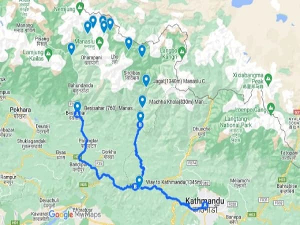 Manaslu Circuit Trek on Google Map