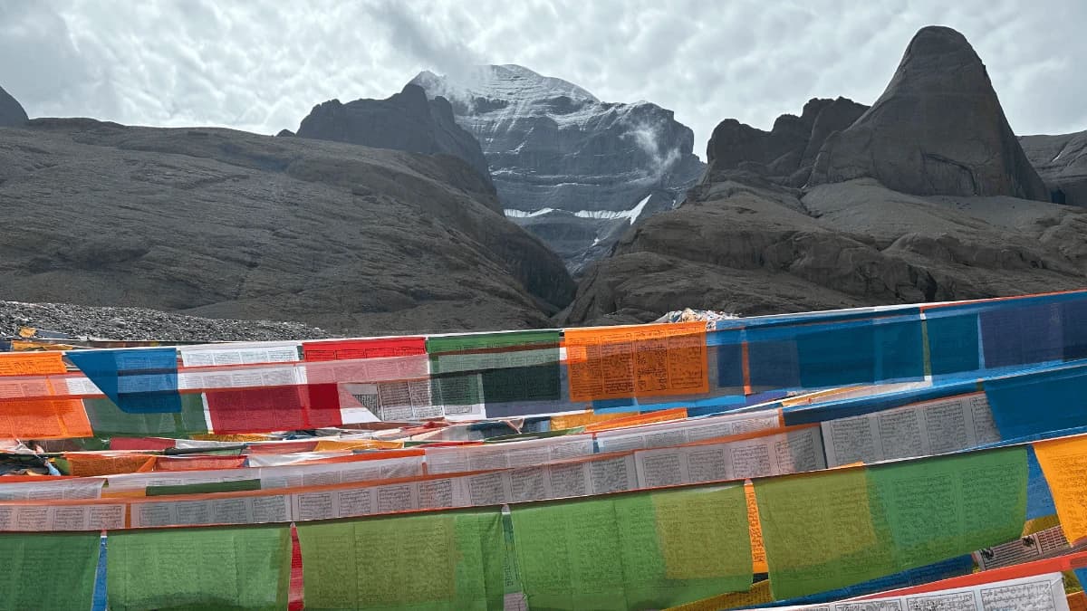 Colorful Tibetan prayer flags fluttering in front of Mount Kailash during the Kailash Mansarovar Yatra pilgrimage.